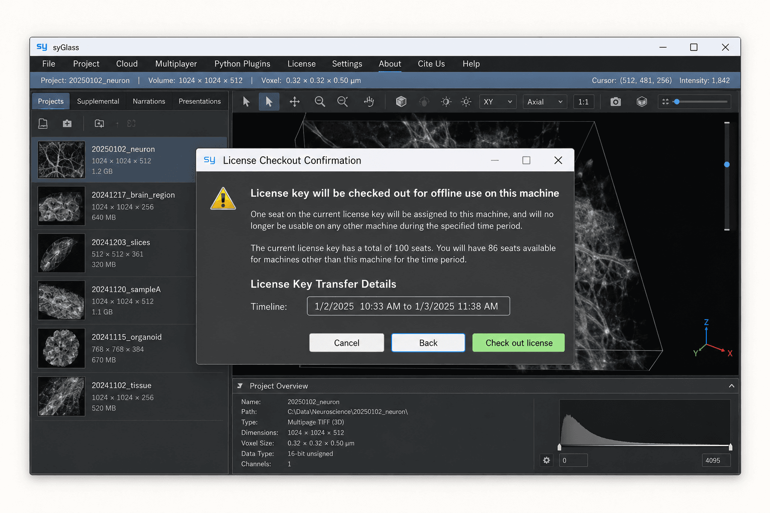 syGlass desktop application showing the license checkout confirmation dialog
