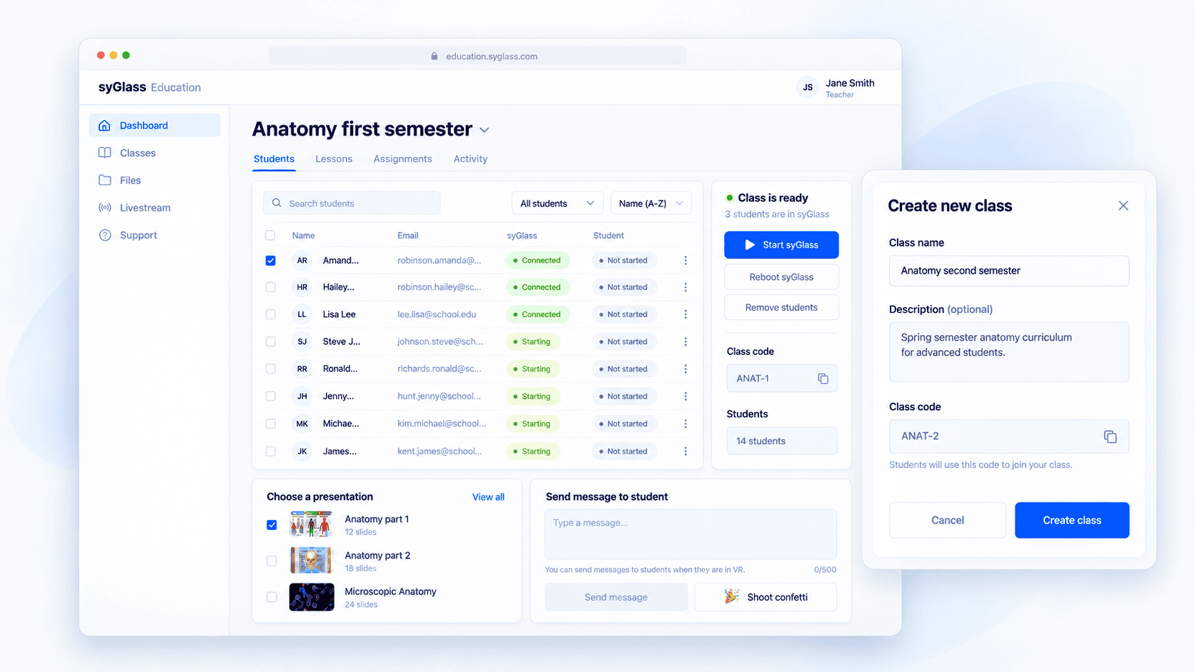 syGlass Education web platform showing the Anatomy first semester classroom dashboard and Create new class workflow
