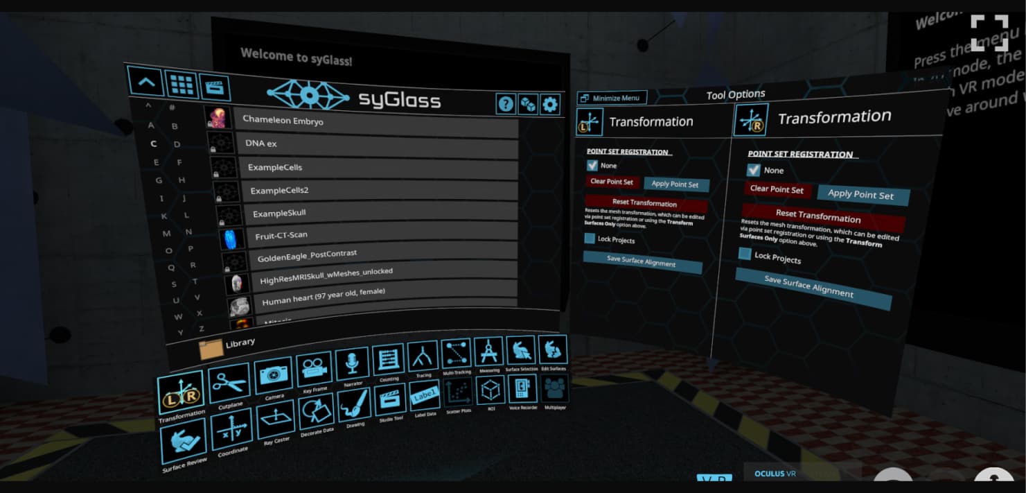 syGlass VR menu before redesign — tools hidden inside a nested menu