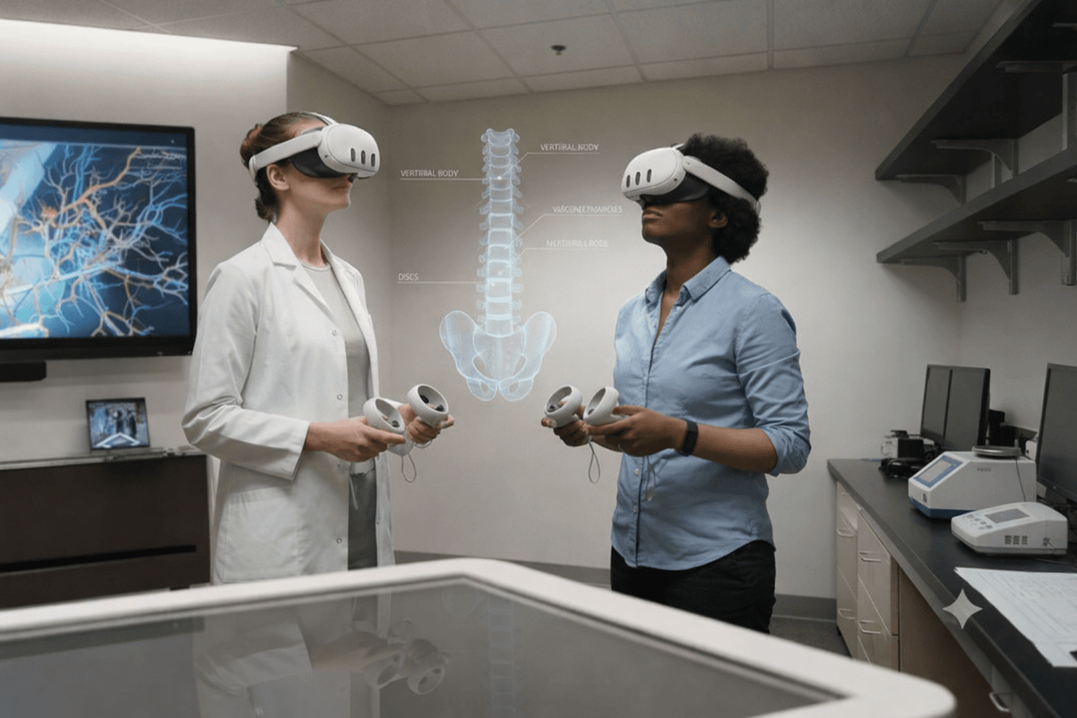 Two researchers wearing Meta Quest VR headsets in a lab, interacting with holographic anatomical visualizations projected between them