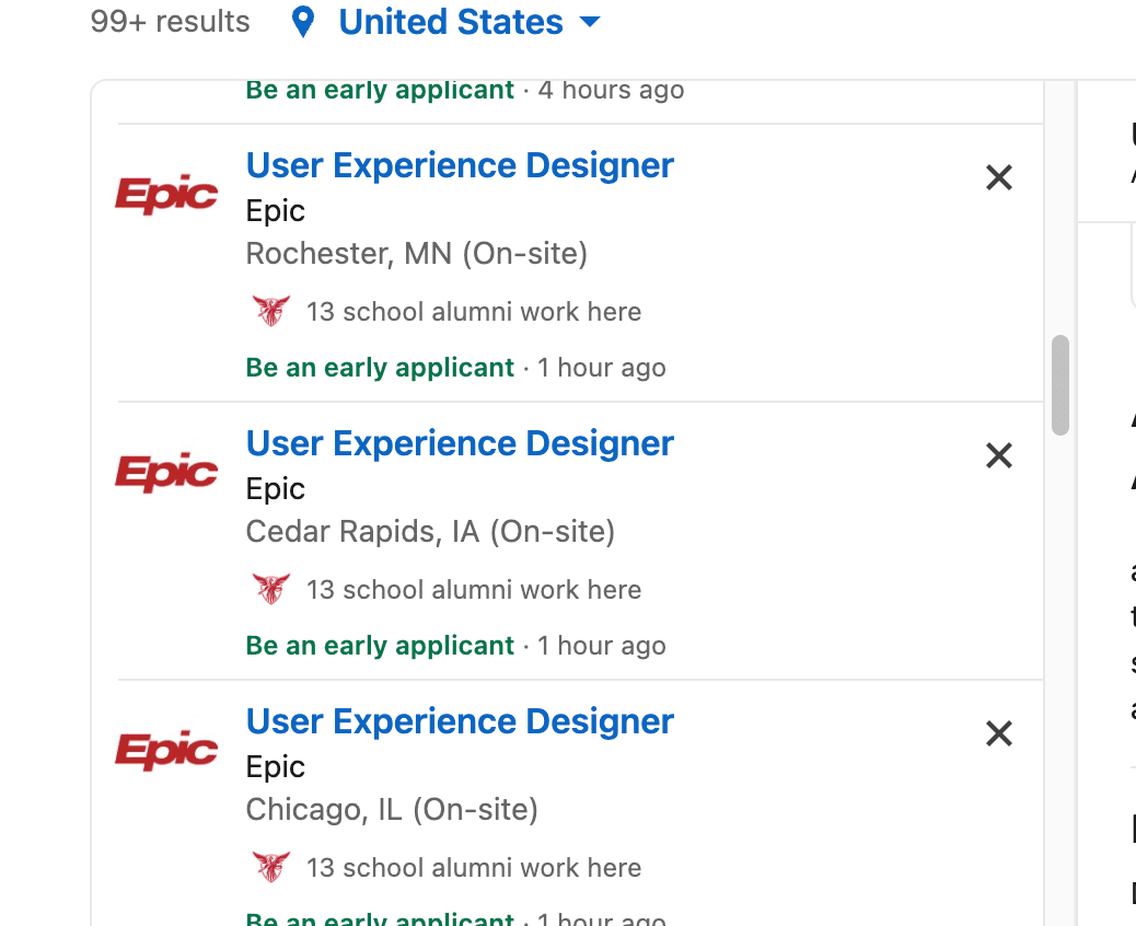 Three consecutive LinkedIn listings for User Experience Designer at Epic, in Rochester, Cedar Rapids, and Chicago