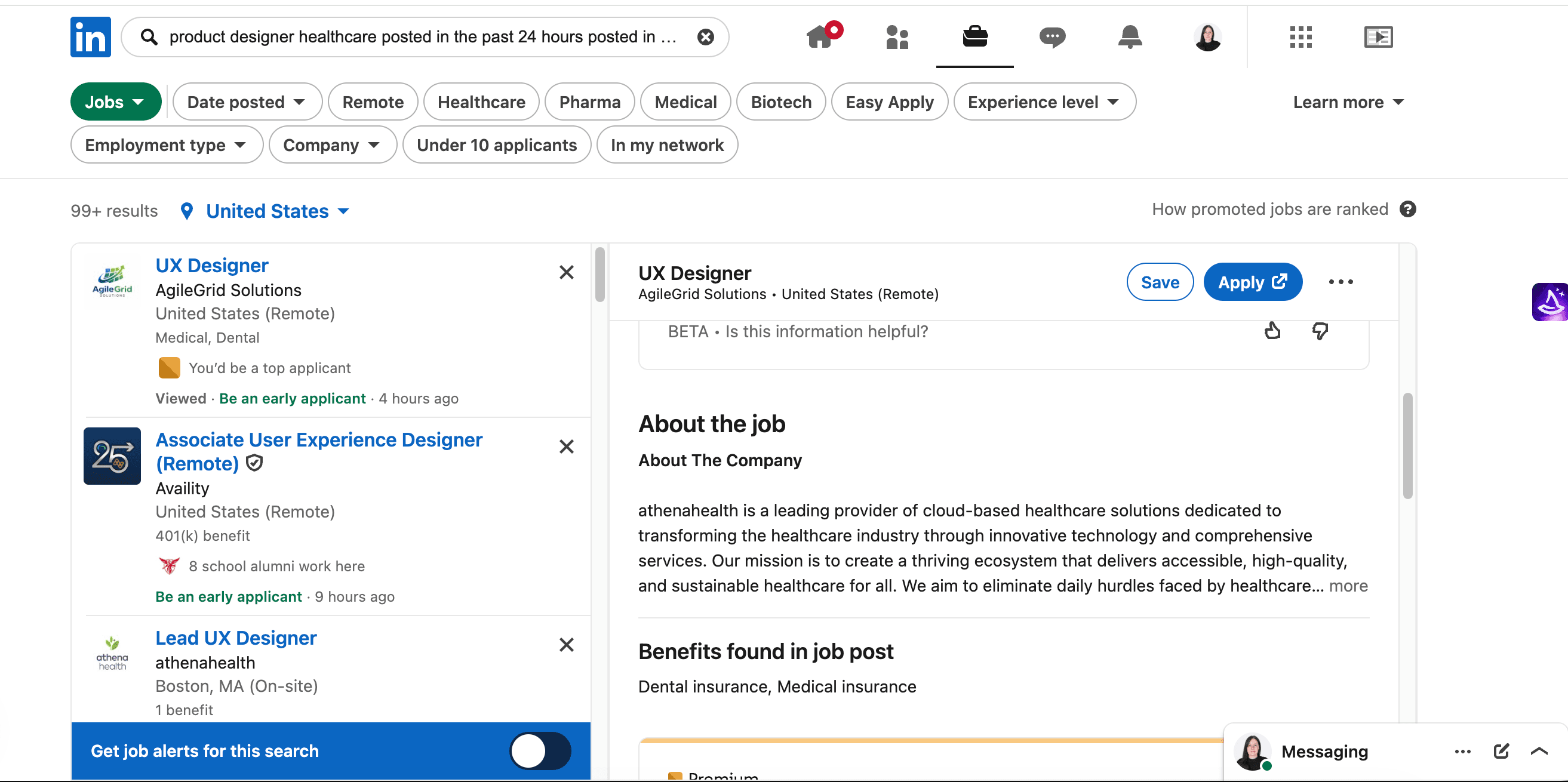 LinkedIn’s narrow search bar with a long request cut off mid-sentence, above two rows of filters including Healthcare, Pharma, Medical, and Biotech