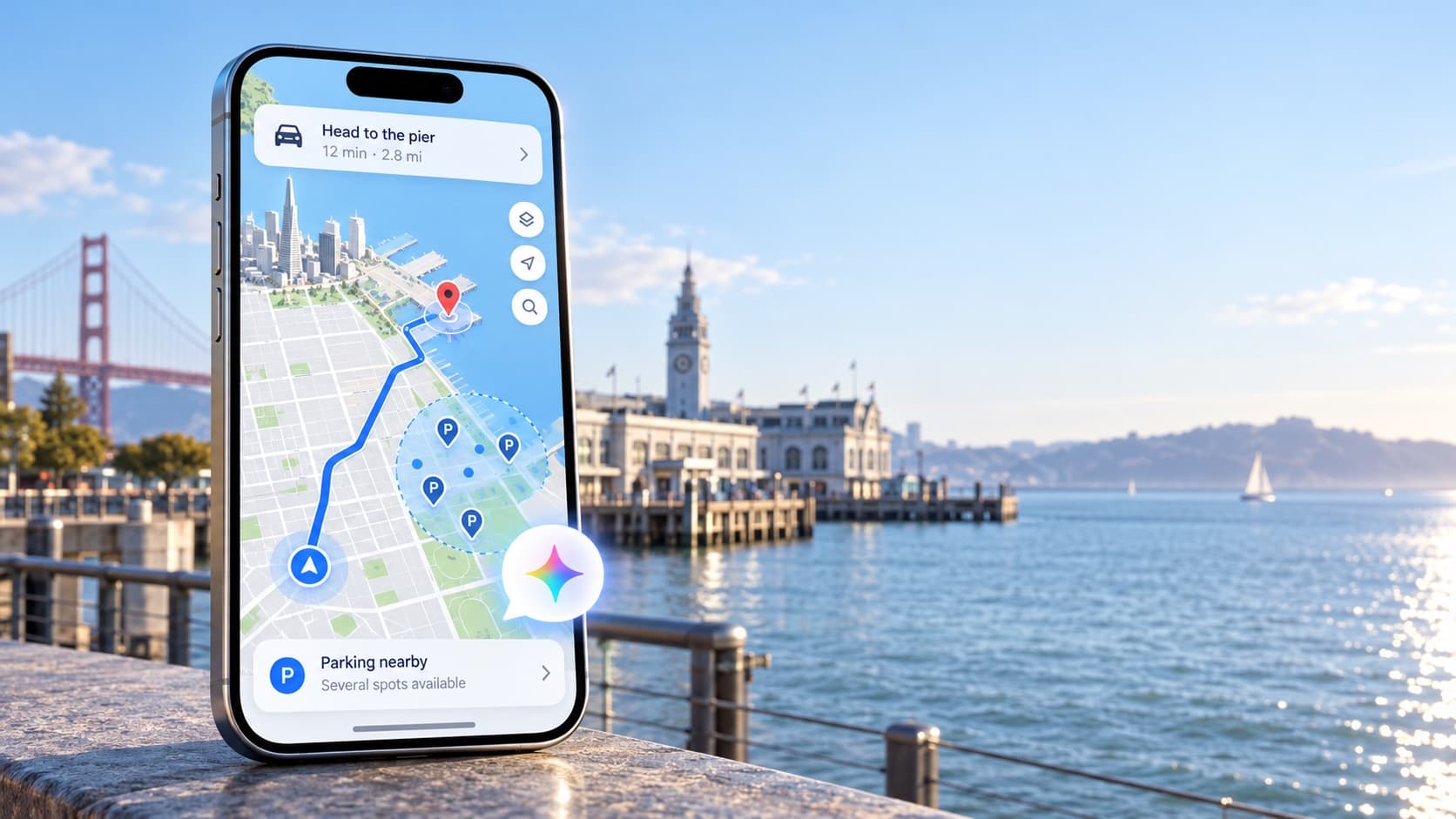 Smart Arrival on a phone at the San Francisco waterfront: a route to the pier with a highlighted parking zone and Gemini