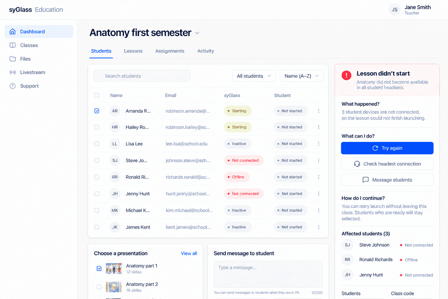 syGlass teacher dashboard showing a failed lesson launch, affected students, recovery actions (Try again, Check headset connection, Message support), student count, class code, and presentation controls