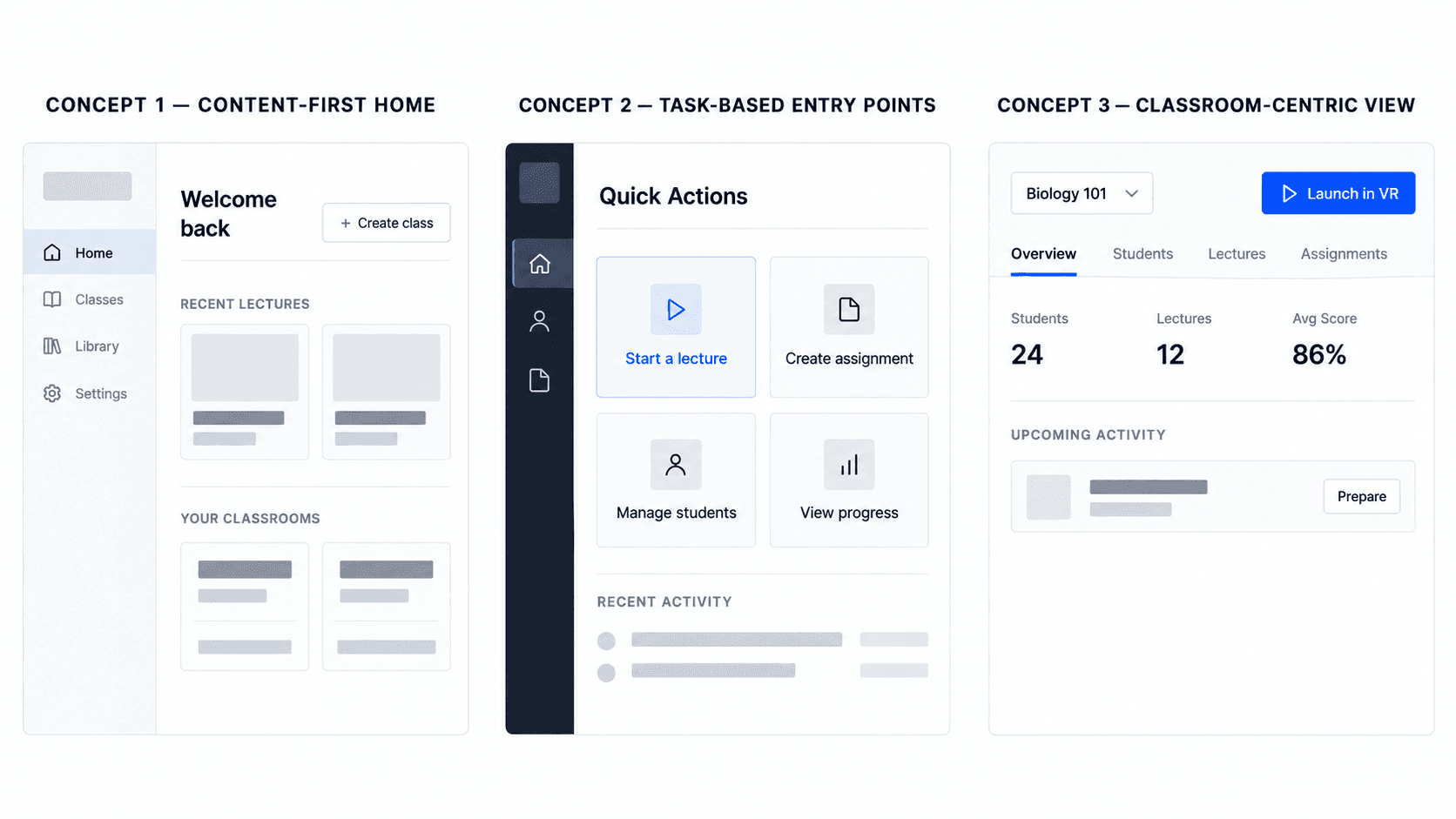 Three information architecture concepts explored for the syGlass teacher experience: content-first home, task-based entry points, and classroom-centric view