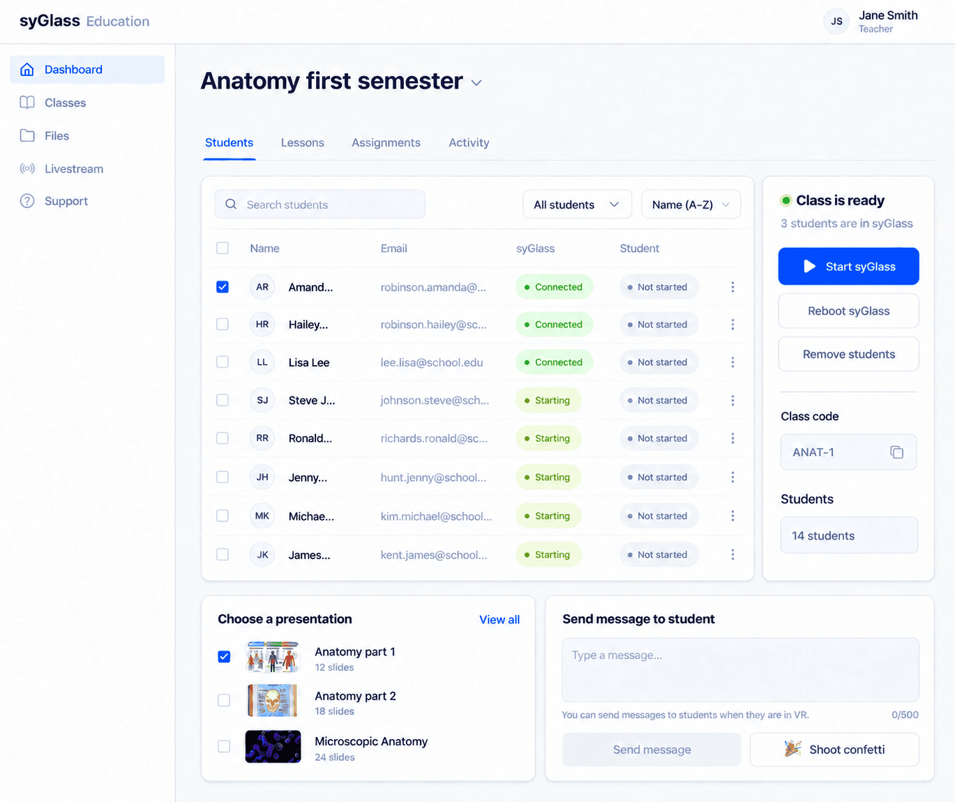 Updated syGlass teacher dashboard for an anatomy class, showing class status, connected and starting students, class code, and student count